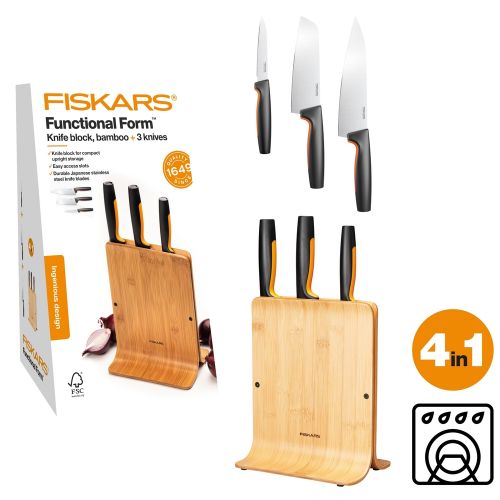 Набір з 3 ножів у бамбуковому блоці Fiskars Functional Form (1057553)